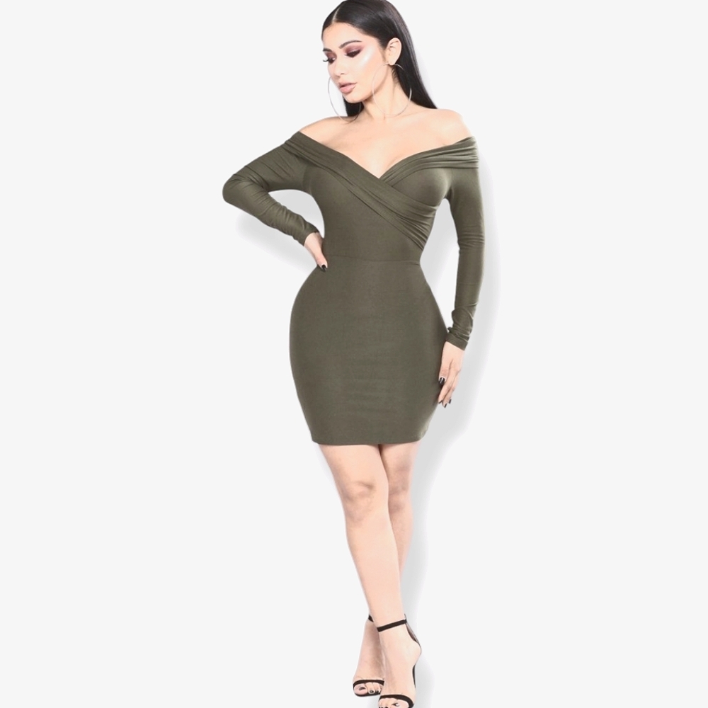 Fashion Nova Olive Green Off Shoulder Wrap Bodycon Plus Size Dress